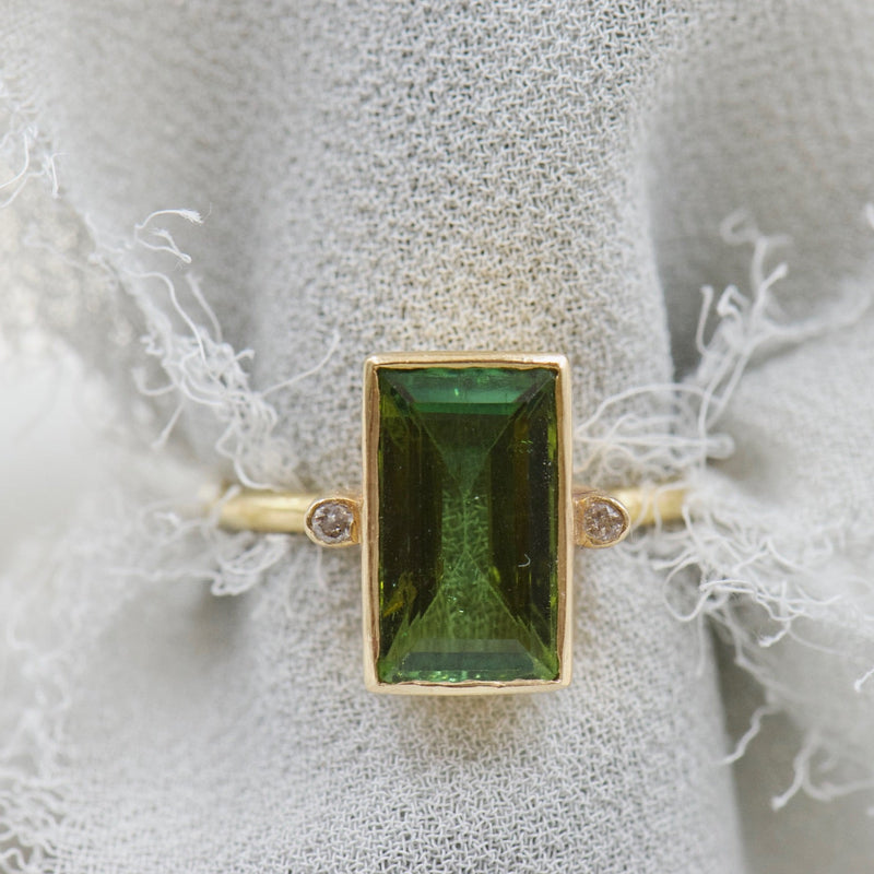 Green Baguette Tourmaline and Diamond Ring