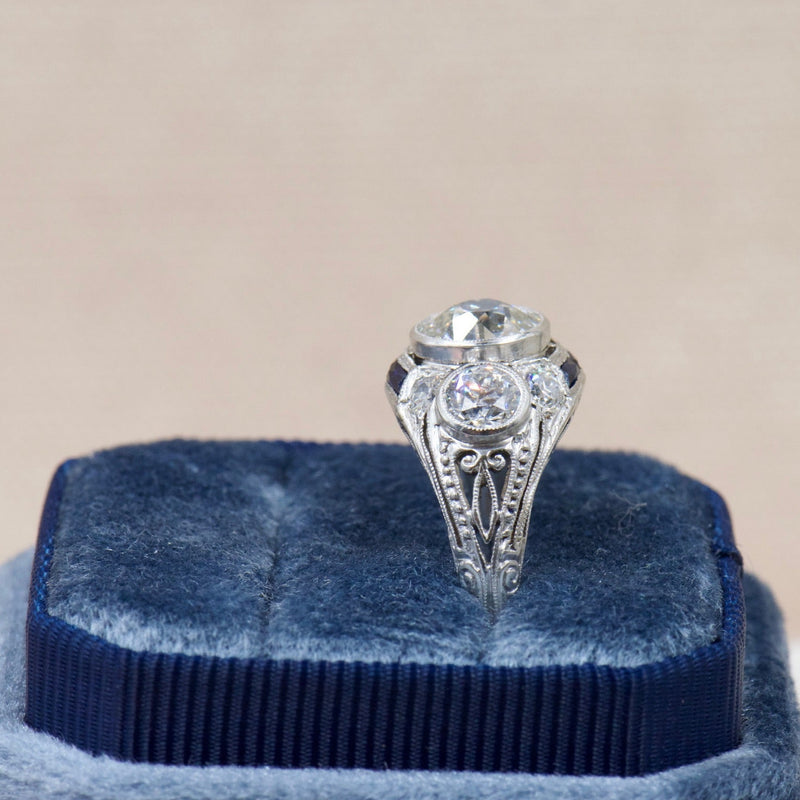 1920's Three Stone Diamond and Sapphire Ring