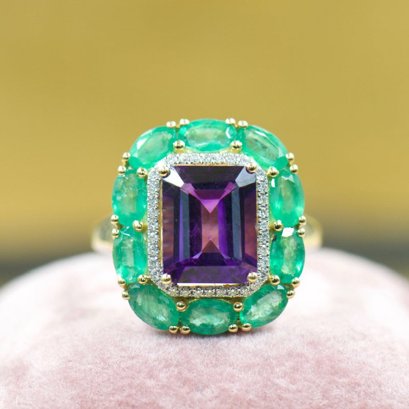 Amethyst Ring with Emerald and Diamond Double Halo