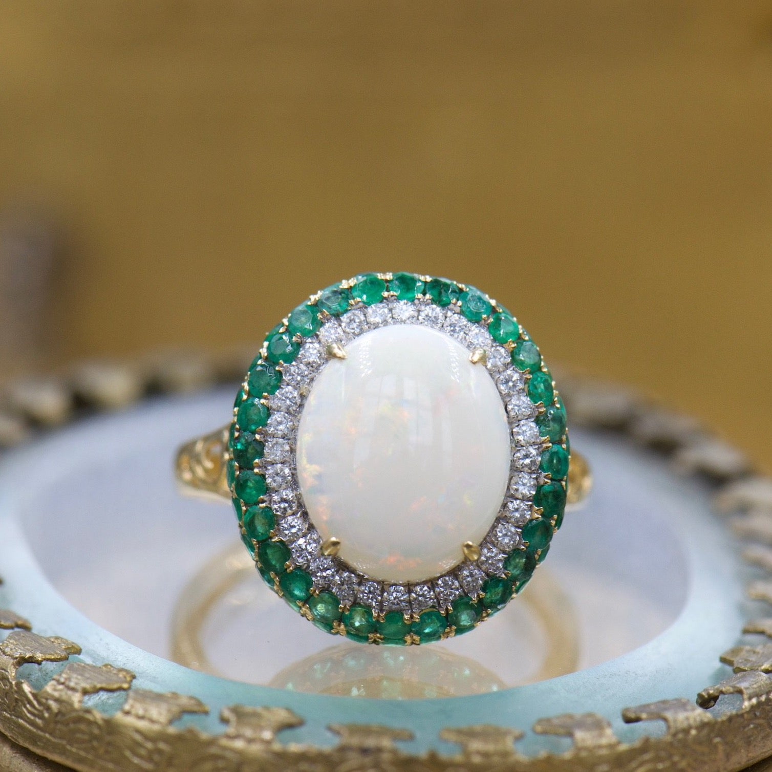Opal Ring with Emerald and Diamond Double Halo
