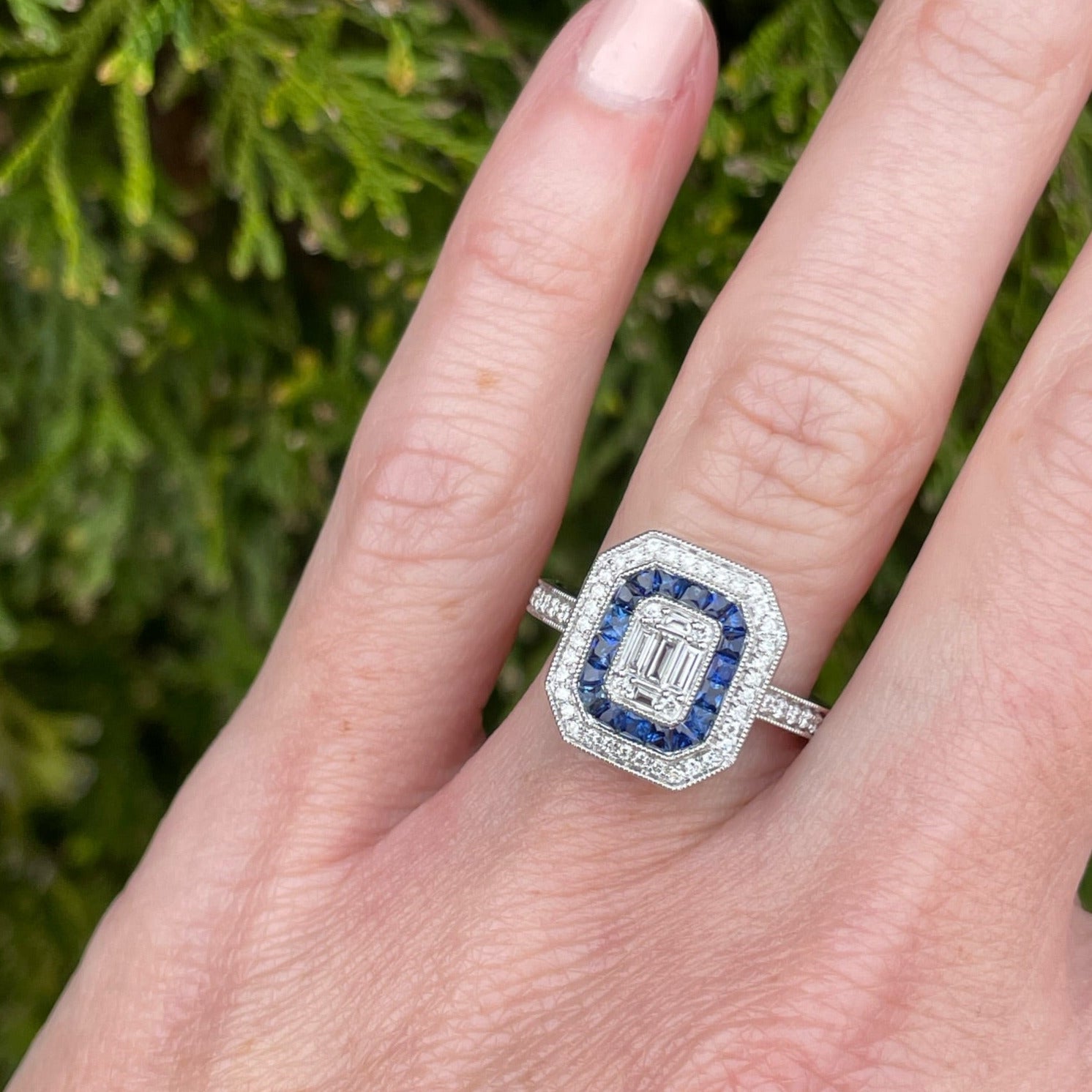 Diamond and Sapphire Double Halo Mosiac Ring
