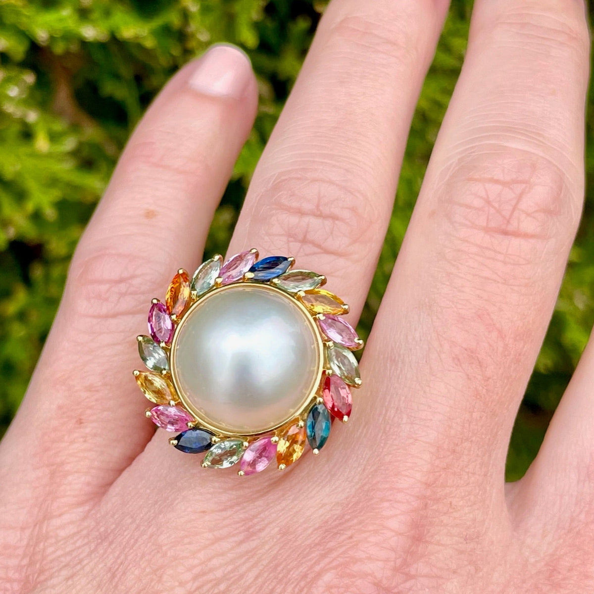 Mabe Pearl and Multi Colored Gemstone Ring