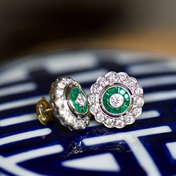 Diamond and Emerald Double Halo Studs