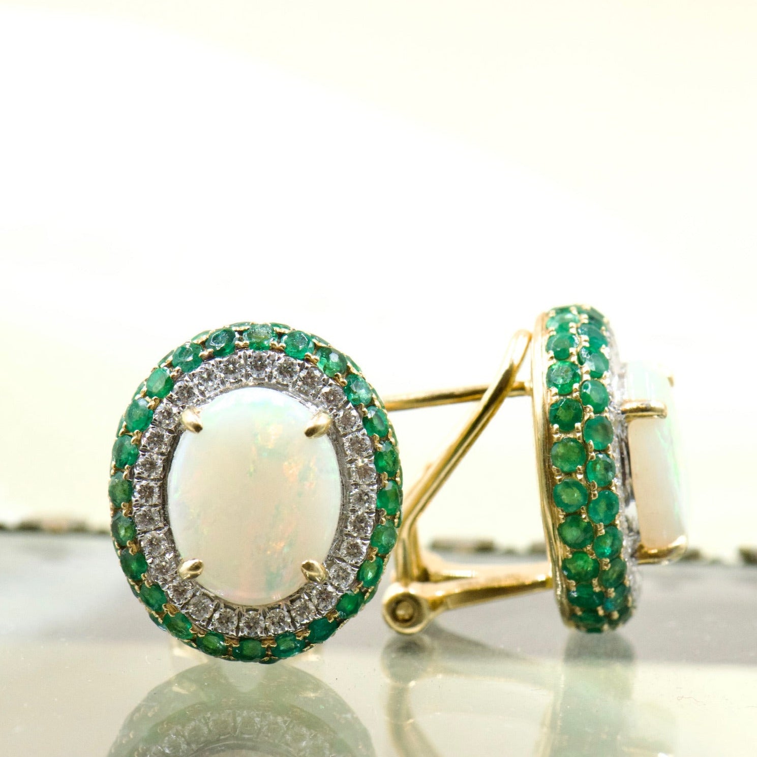 Opal, Emerald and Diamond Double Halo Earrings