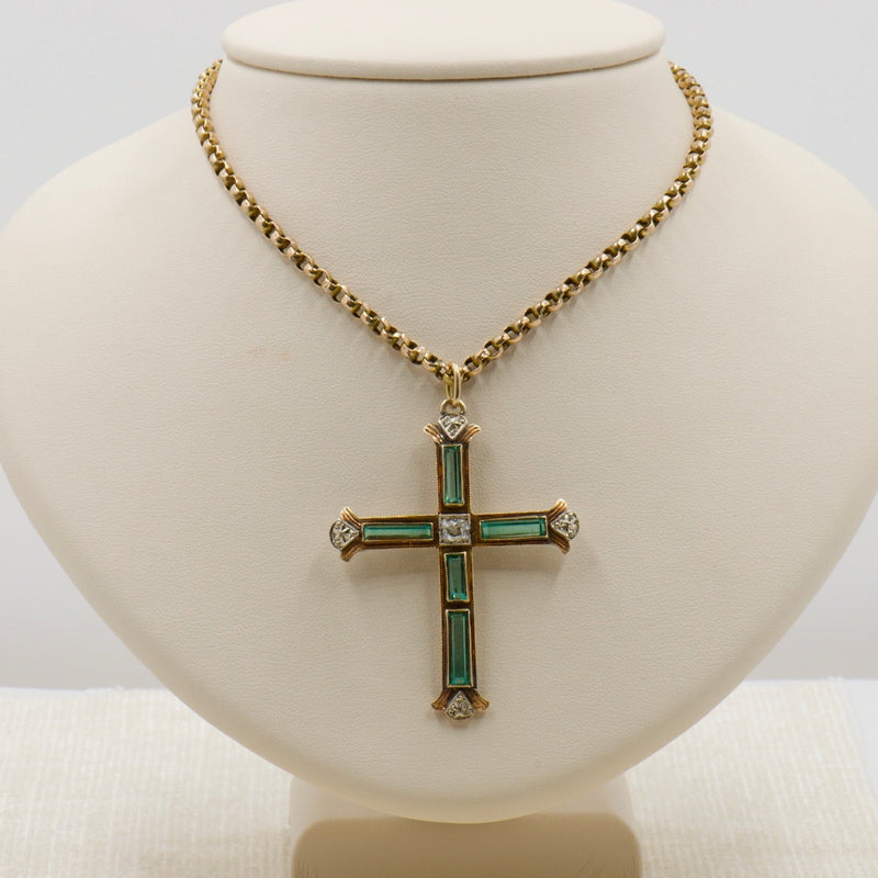 Emerald and Diamond Cross Necklace