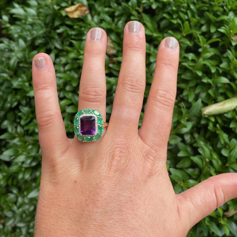 Amethyst Ring with Emerald and Diamond Double Halo