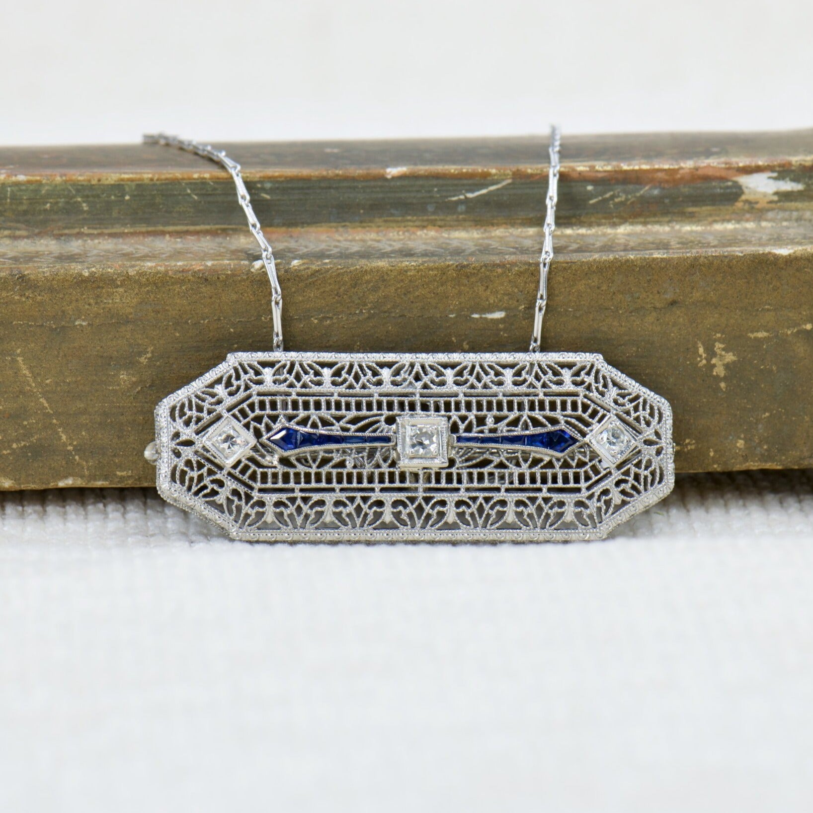 Art Deco Filigree Sapphire and Diamond Bar
