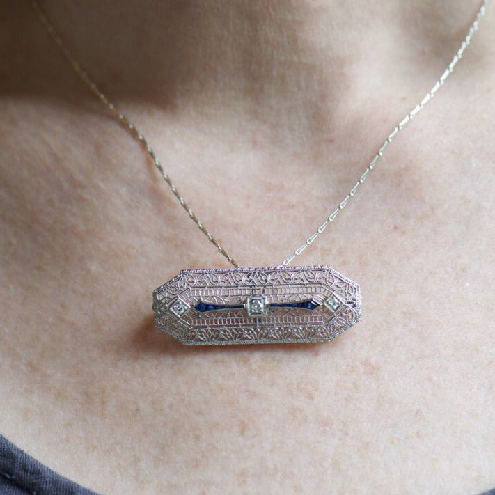 Art Deco Filigree Sapphire and Diamond Bar