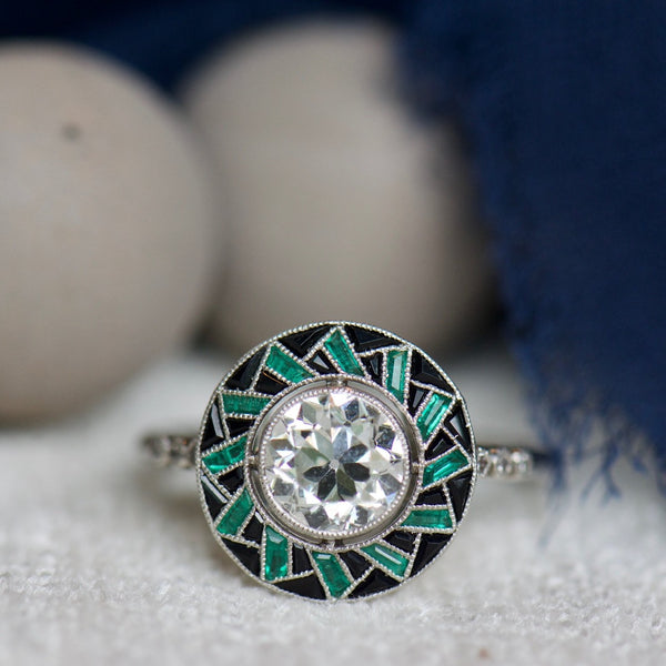 Art Deco Diamond, Emerald and Onyx Ring
