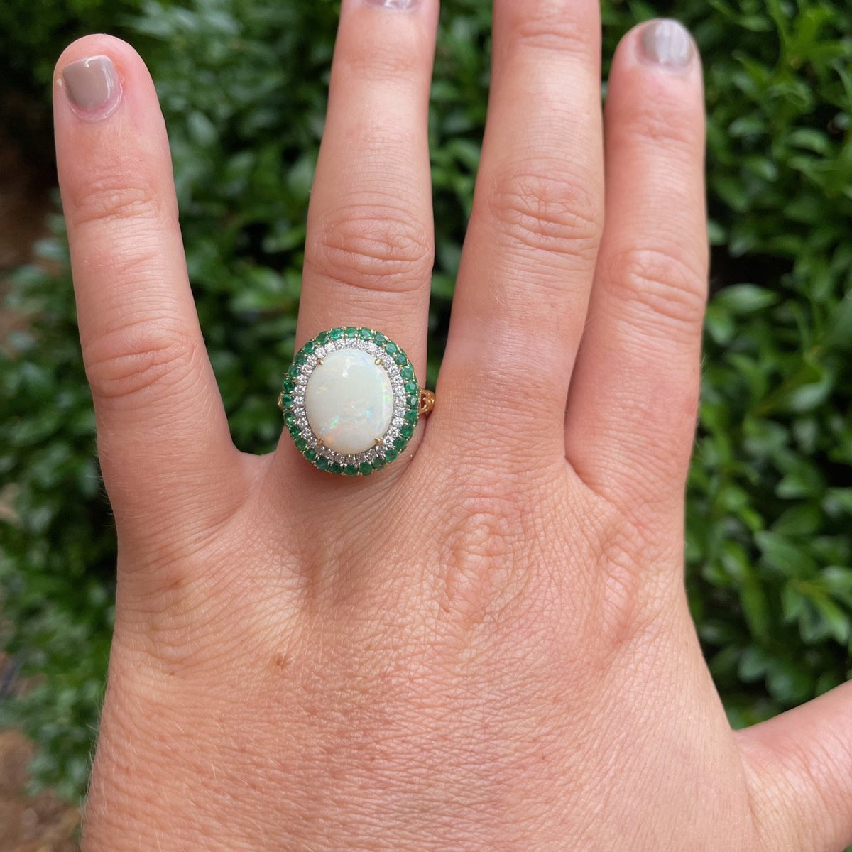 Opal Ring with Emerald and Diamond Double Halo