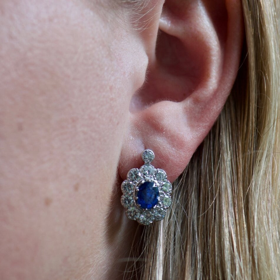 Ceylon Sapphire and Diamond Halo Drops