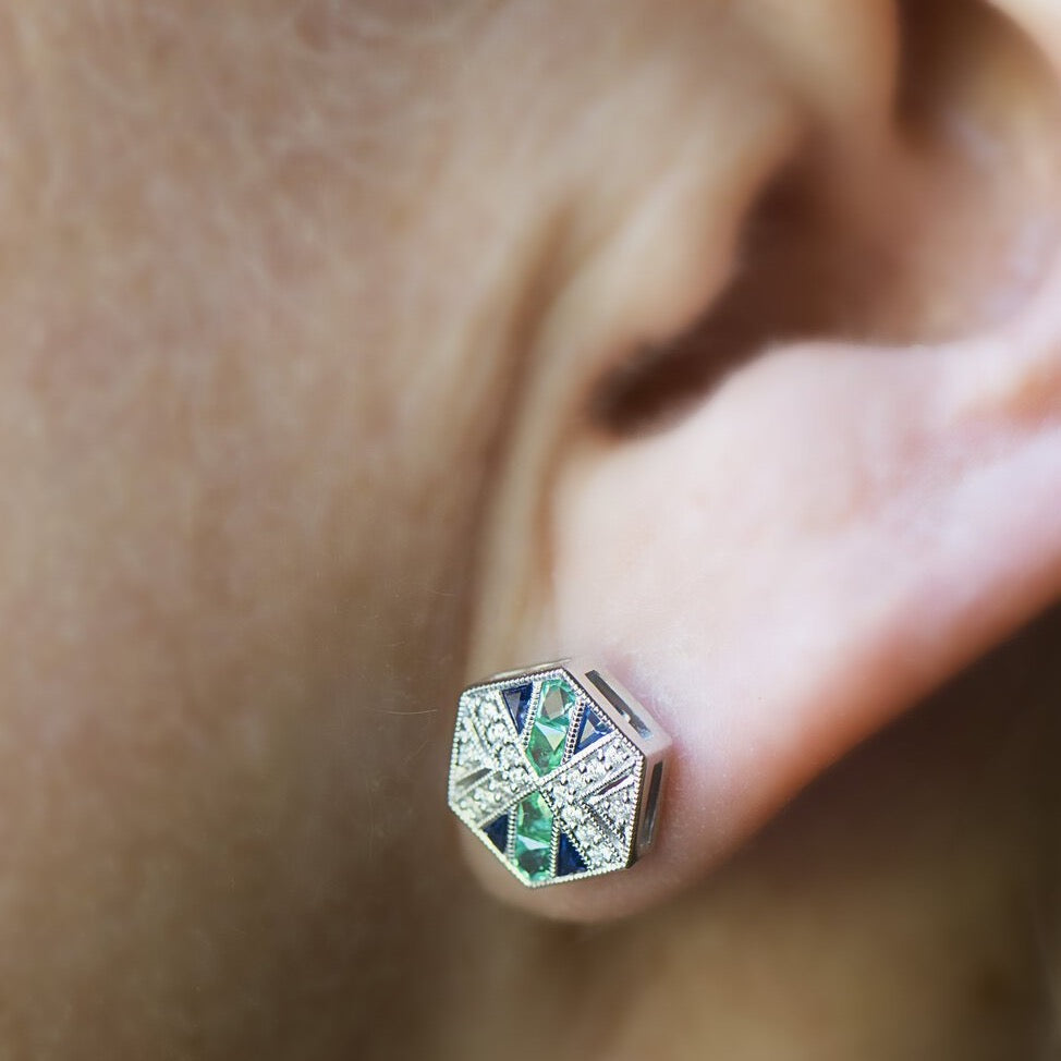 Diamond, Sapphire and Emerald Stud Earrings