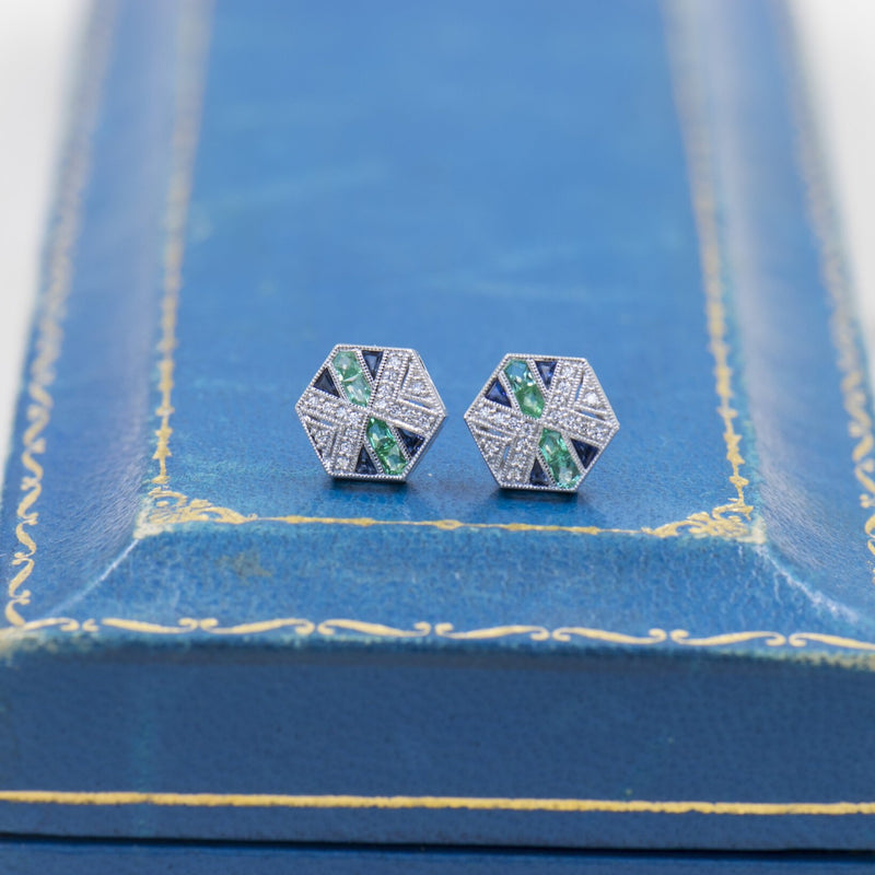 Diamond, Sapphire and Emerald Stud Earrings