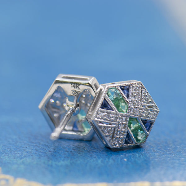 Diamond, Sapphire and Emerald Stud Earrings