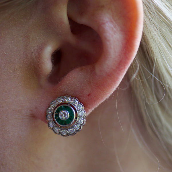 Diamond and Emerald Double Halo Studs