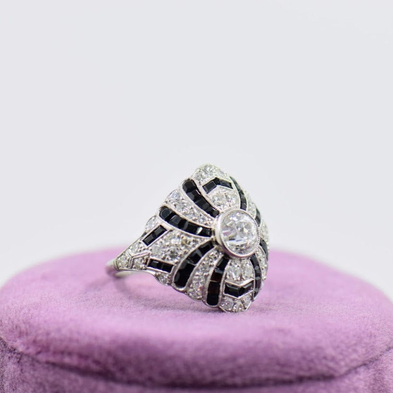 Old European-Cut Diamond and Onyx Ring