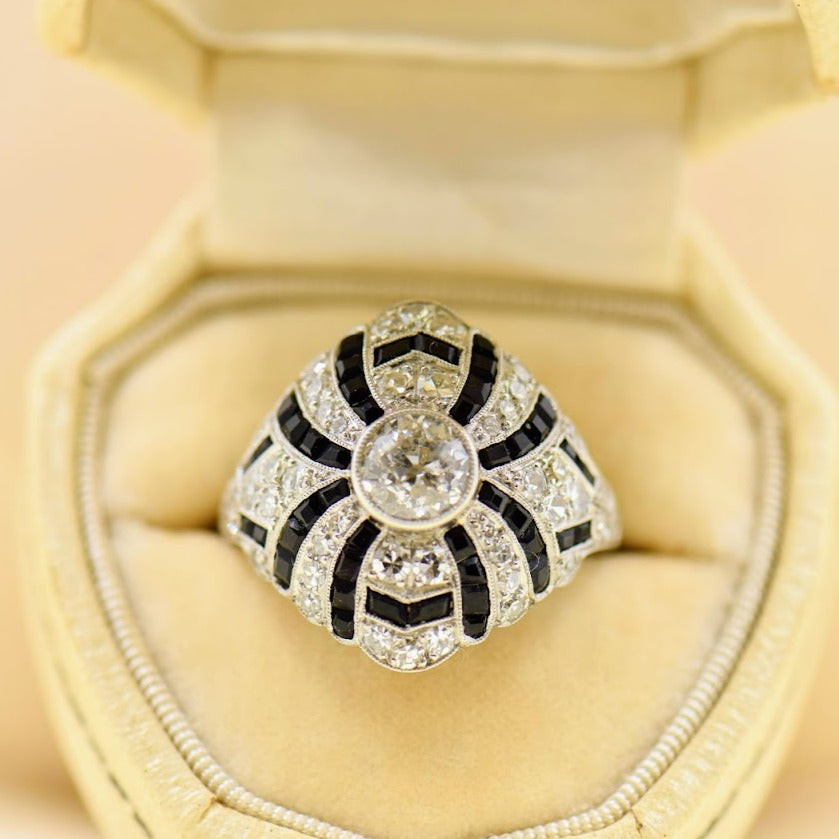 Old European-Cut Diamond and Onyx Ring