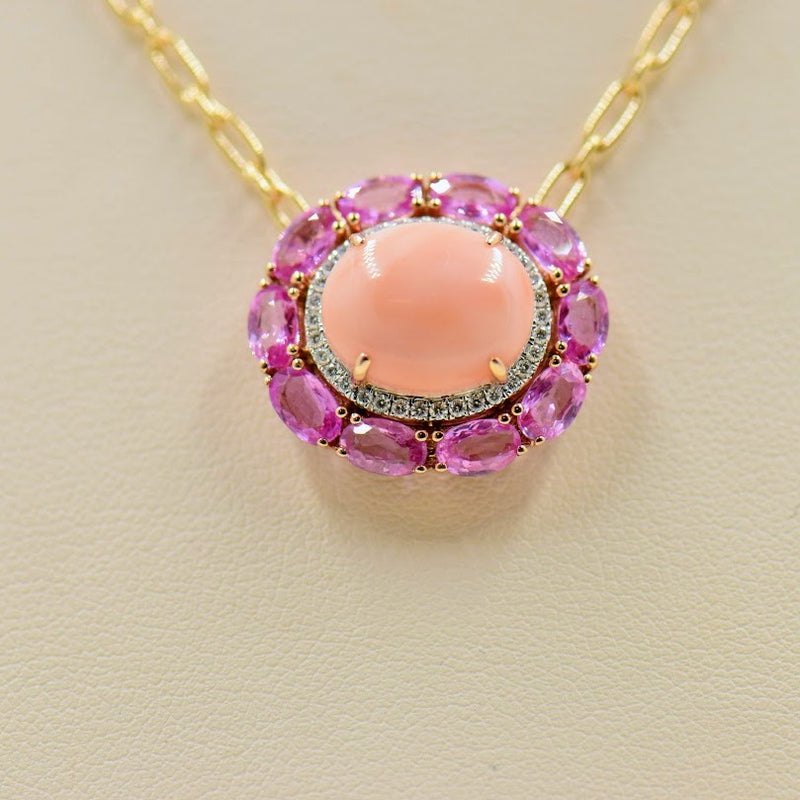 Coral, Pink Sapphire and Diamond Necklace