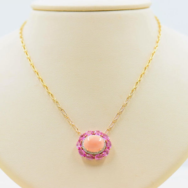 Coral, Pink Sapphire and Diamond Necklace