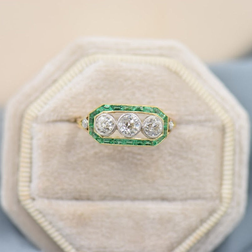 Three Stone Diamond and Emerald Ring