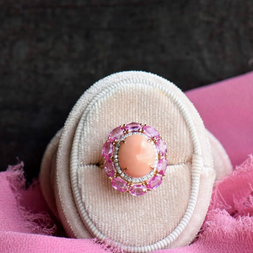 Coral, Pink Sapphire and Diamond Ring