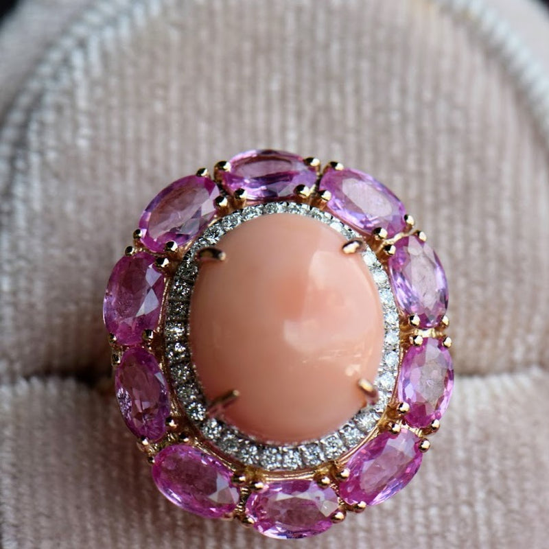 Coral, Pink Sapphire and Diamond Ring