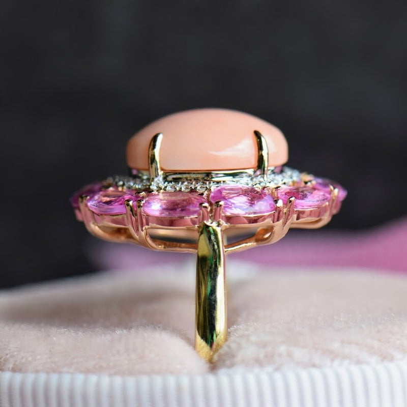 Coral, Pink Sapphire and Diamond Ring