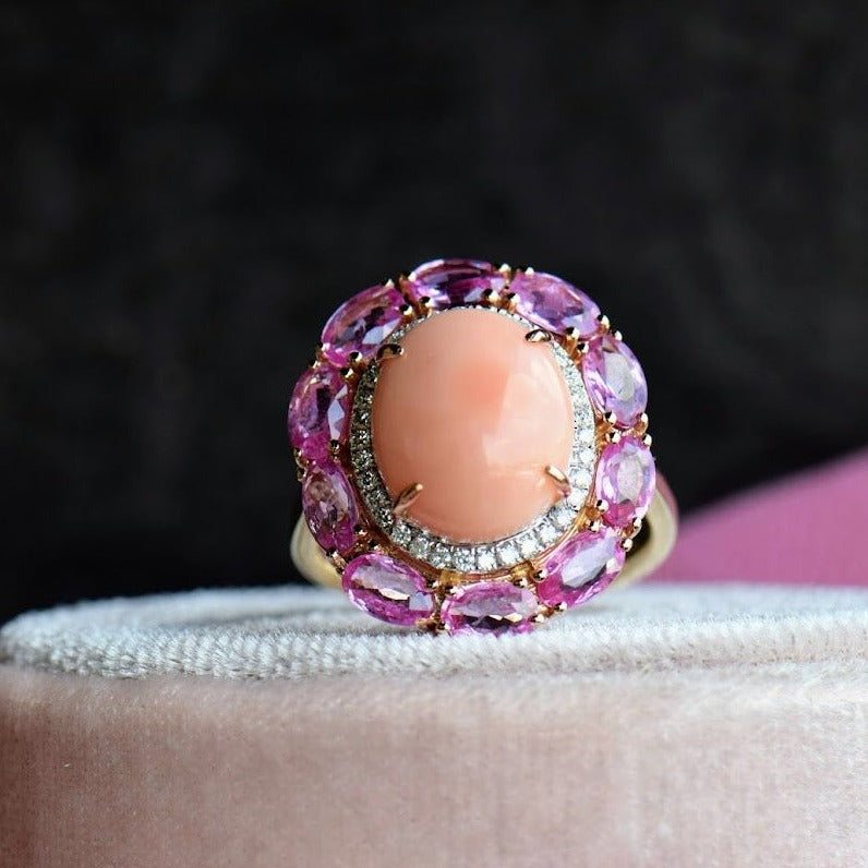 Coral, Pink Sapphire and Diamond Ring