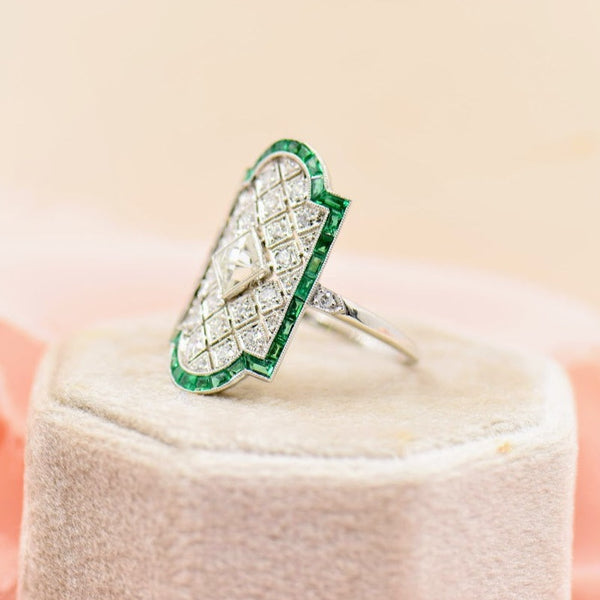 French Cut Diamond and Emerald Ring