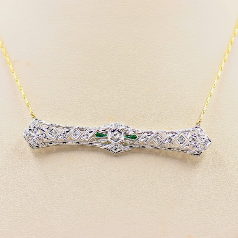 Diamond and Emerald Bar Pin Necklace