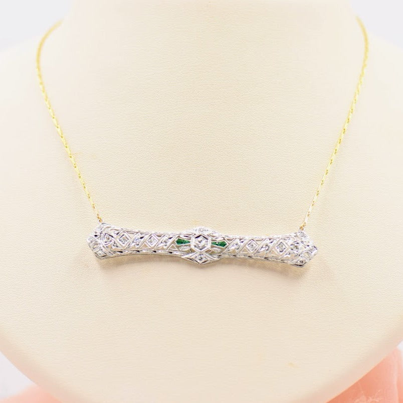 Diamond and Emerald Bar Pin Necklace