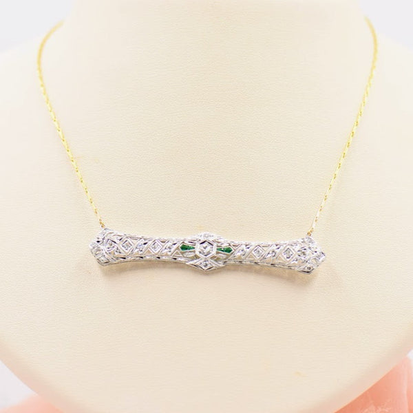 Diamond and Emerald Bar Pin Necklace