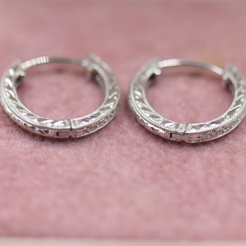White Gold Diamond Huggies with Hand Engraving