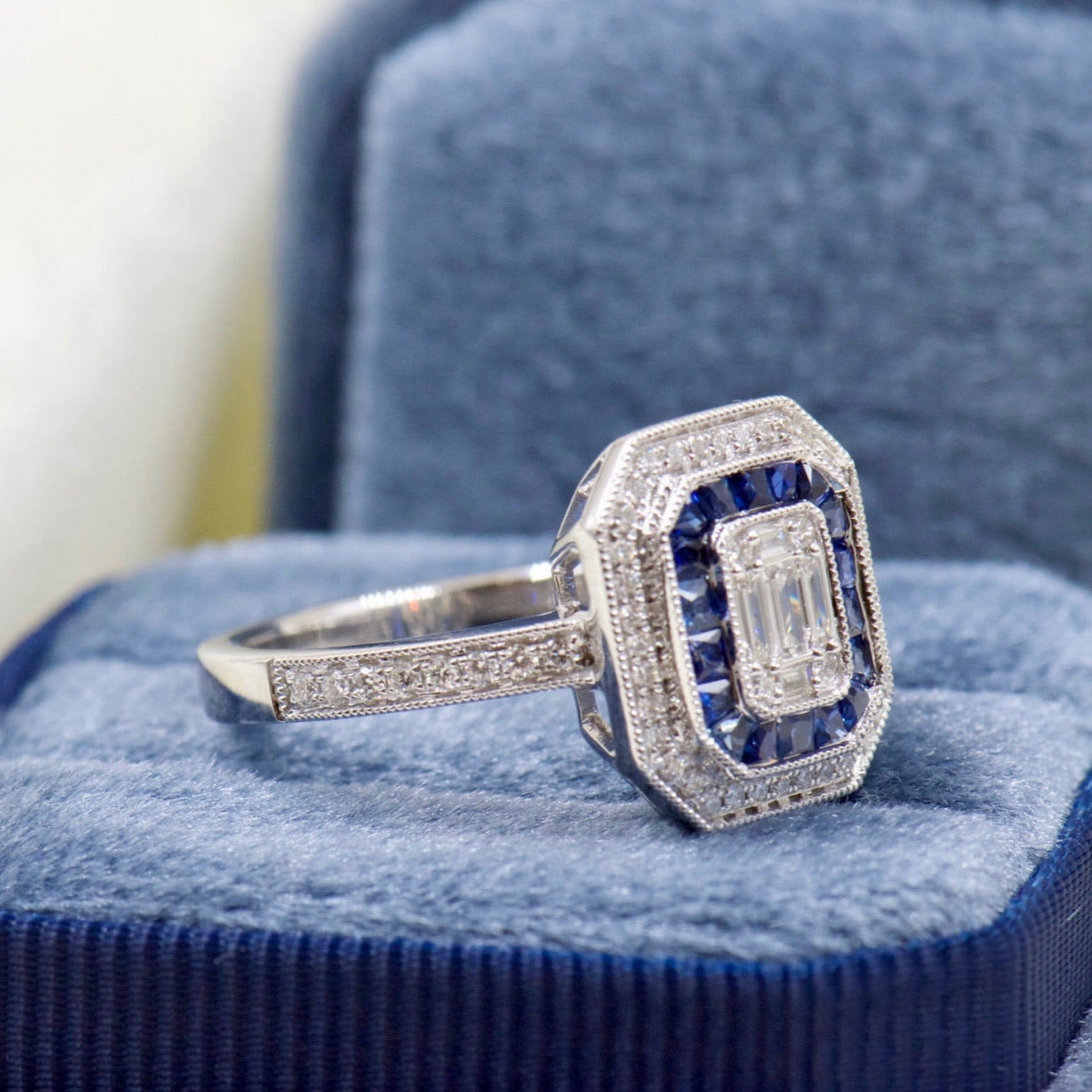 Diamond and Sapphire Double Halo Mosiac Ring