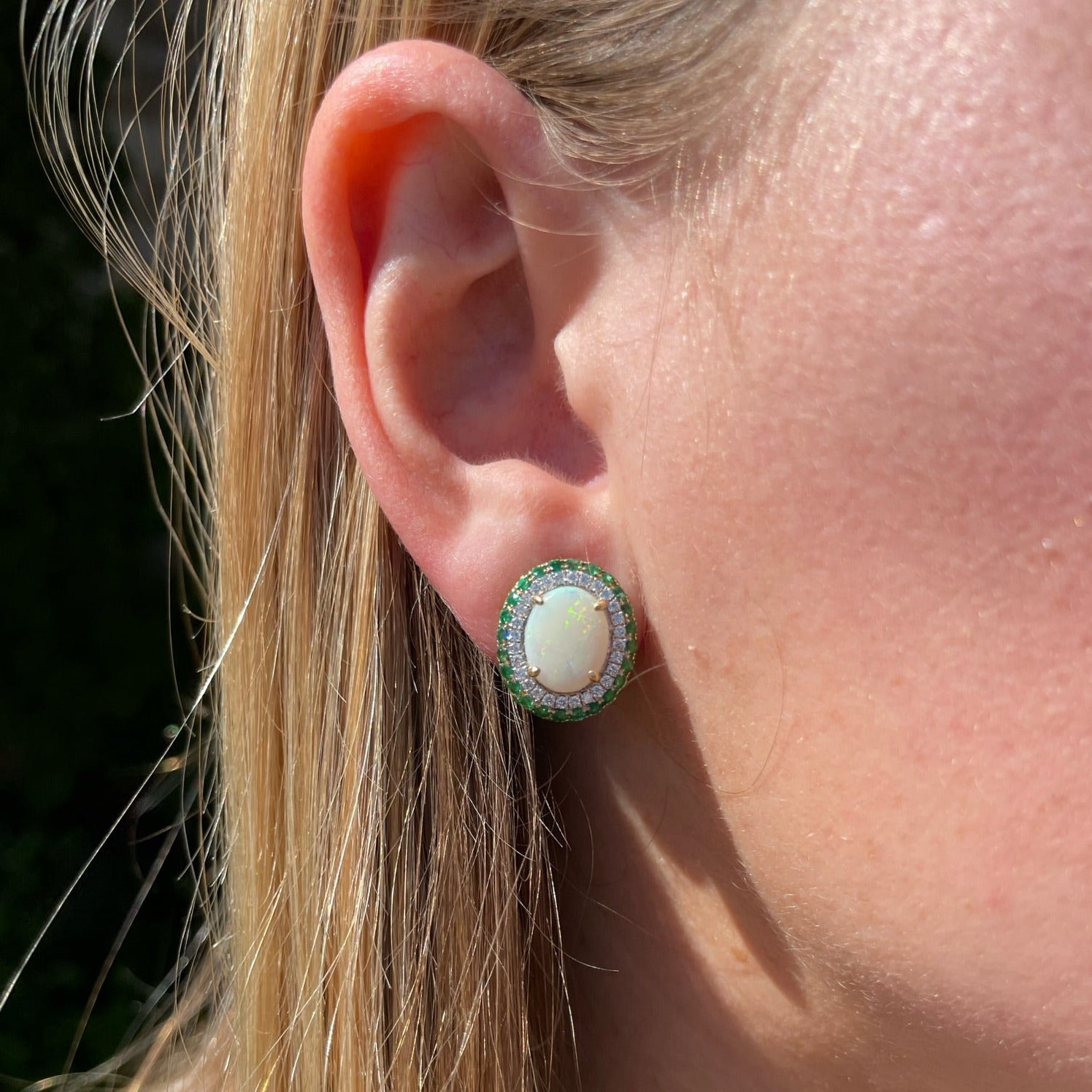 Opal, Emerald and Diamond Double Halo Earrings