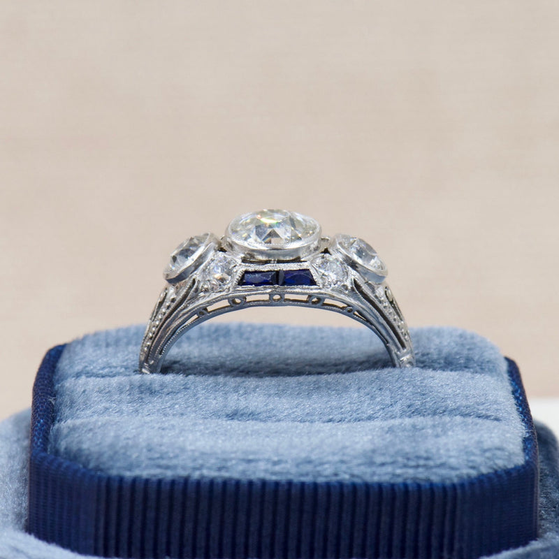 1920's Three Stone Diamond and Sapphire Ring