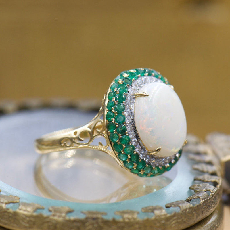 Opal Ring with Emerald and Diamond Double Halo