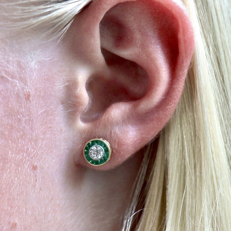 Art Deco Style Diamond and Emerald Target Earrings