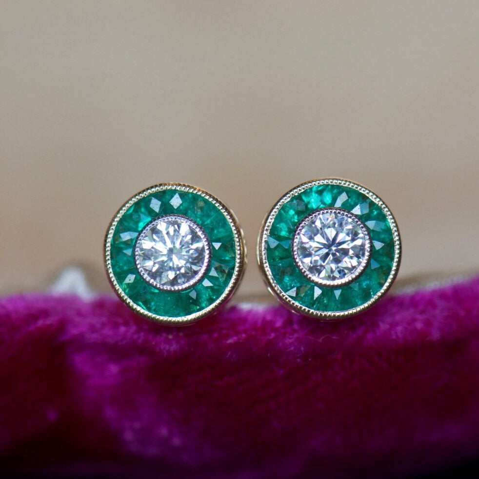 Art Deco Style Diamond and Emerald Target Earrings
