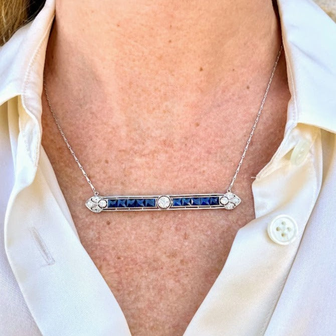 French Cut Sapphire and Diamond Bar Necklace