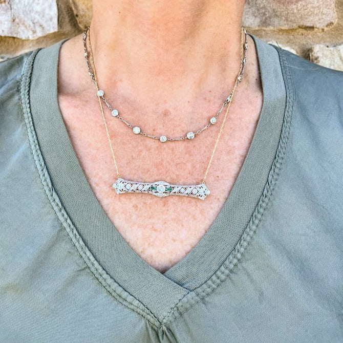 Diamond and Emerald Bar Pin Necklace