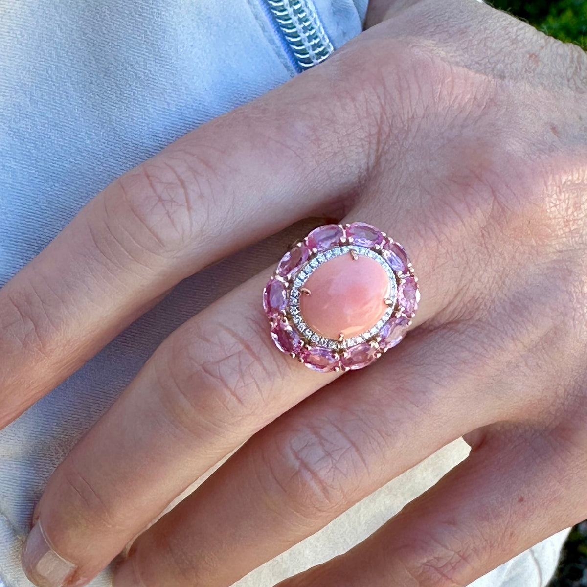 Coral, Pink Sapphire and Diamond Ring