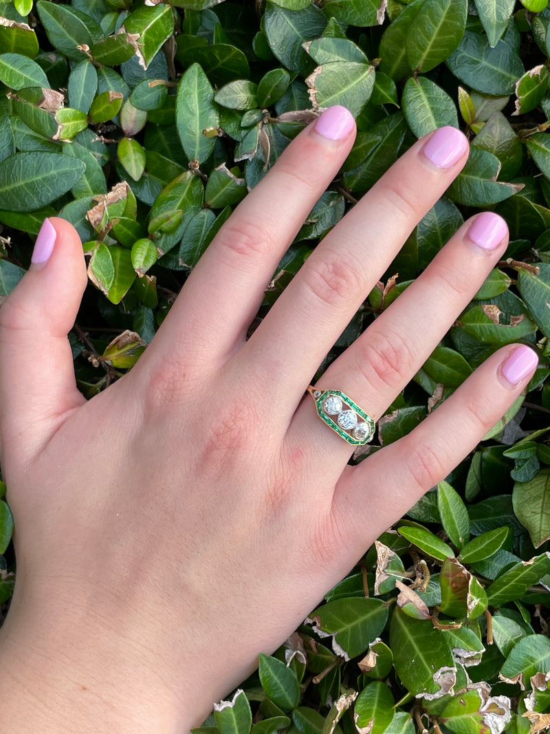 Three Stone Diamond and Emerald Ring